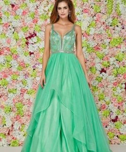 Angela & Alison - 61124 Beaded Plunging Striped Ballgown Formal Gowns