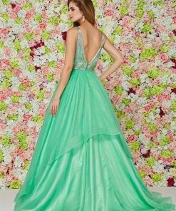 Angela & Alison - 61124 Beaded Plunging Striped Ballgown Formal Gowns