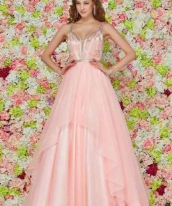 Angela & Alison - 61124 Beaded Plunging Striped Ballgown Formal Gowns