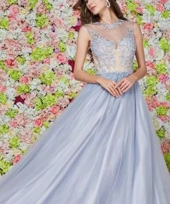 Angela & Alison - 61126 Illusion Floral Lace Festooned Ballgown Formal Gowns