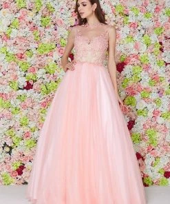 Angela & Alison - 61126 Illusion Floral Lace Festooned Ballgown Formal Gowns