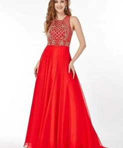 Angela & Alison - 61191 Illusion Gilt Beaded A-Line Gown