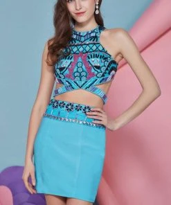 Angela & Alison - 62036 Tribal Embellished Two-Piece Halter Dress Cocktail Dresses