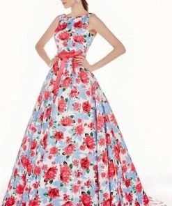 Angela & Alison - 62046 Sleeveless Bateau Neck Floral Ballgown - 1 Pc Black/Floral In Size 8 Available