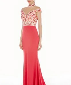 Angela & Alison - 62052 Illusion High Neck Beaded Gown Formal Gowns