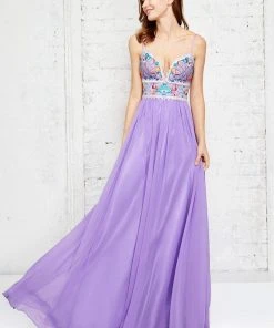 Angela & Alison - 71001 Vibrant Embroidery Plunging Empire Gown Formal Gowns