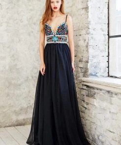 Angela & Alison - 71001 Vibrant Embroidery Plunging Empire Gown Formal Gowns