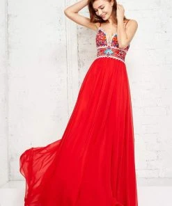 Angela & Alison - 71001 Vibrant Embroidery Plunging Empire Gown Formal Gowns