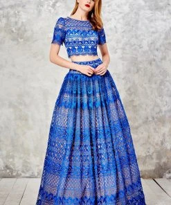 Formal Gowns Angela & Alison - 71008 Laced Two-Piece A-line Evening Gown