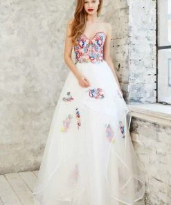 Formal Gowns Angela & Alison - 71013 Pretty Floral Embroidery Strapless Gown