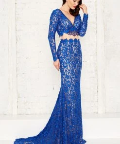 Angela & Alison - 71016 Lace Deep V-neck Sheath Dress Formal Gowns