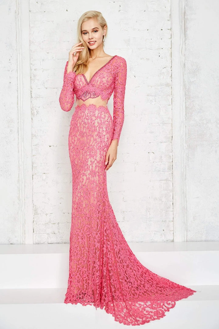 Angela & Alison - 71016 Lace Deep V-neck Sheath Dress Formal Gowns 6 Angela & Alison - 71016 Lace Deep V-neck Sheath Dress Formal Gowns