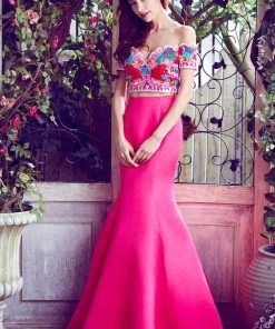 Angela & Alison - 71017 Two Piece Embroidered Trumpet Dress