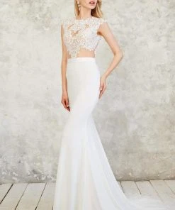 Angela & Alison - 71028 Cap Sleeves Lace Sheath Gown