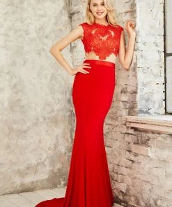 Angela & Alison - 71028 Cap Sleeves Lace Sheath Gown