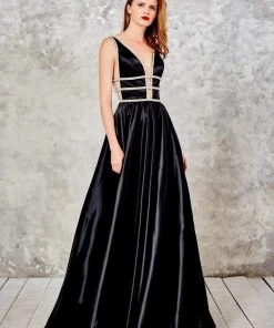 Angela & Alison - 71031 Deep V-Neck Bejeweled A-line Gown Formal Gowns