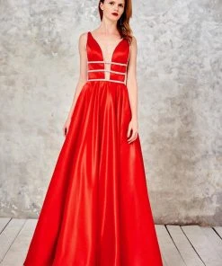 Angela & Alison - 71031 Deep V-Neck Bejeweled A-line Gown Formal Gowns