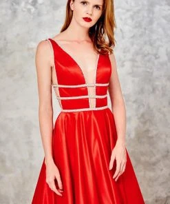 Angela & Alison - 71031 Deep V-Neck Bejeweled A-line Gown Formal Gowns