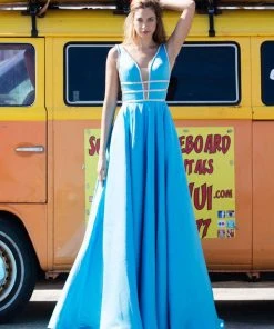 Angela & Alison - 71031 Deep V-Neck Bejeweled A-line Gown Formal Gowns