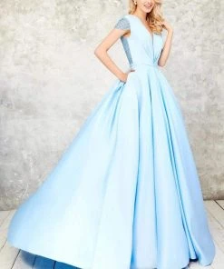 Angela & Alison - 71043 Deep V-Neck Beaded Sleek Ballgown