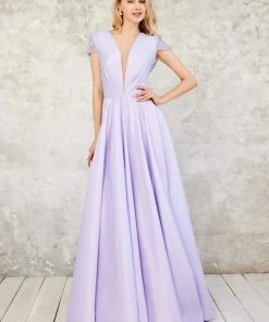 Angela & Alison - 71043 Deep V-Neck Beaded Sleek Ballgown