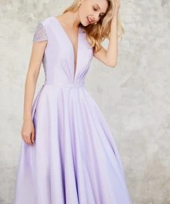 Angela & Alison - 71043 Deep V-Neck Beaded Sleek Ballgown