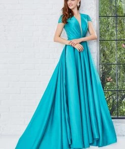 Angela & Alison - 71043 Deep V-Neck Beaded Sleek Ballgown
