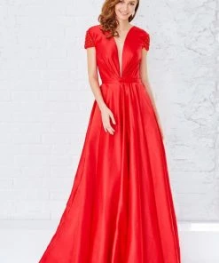 Angela & Alison - 71043 Deep V-Neck Beaded Sleek Ballgown