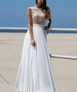 Angela & Alison - 71051 Bateau Neck Bejeweled A-line Gown