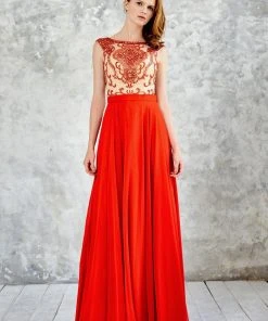 Angela & Alison - 71051 Bateau Neck Bejeweled A-line Gown