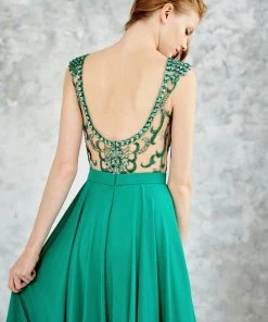 Angela & Alison - 71051 Bateau Neck Bejeweled A-line Gown