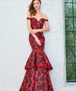 Formal Gowns Angela & Alison - 71056 Floral Off Shoulder Layered Trumpet Gown