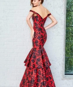 Formal Gowns Angela & Alison - 71056 Floral Off Shoulder Layered Trumpet Gown