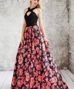 Formal Gowns Angela & Alison - 71096 Embellished Halter Floral A-line Dress