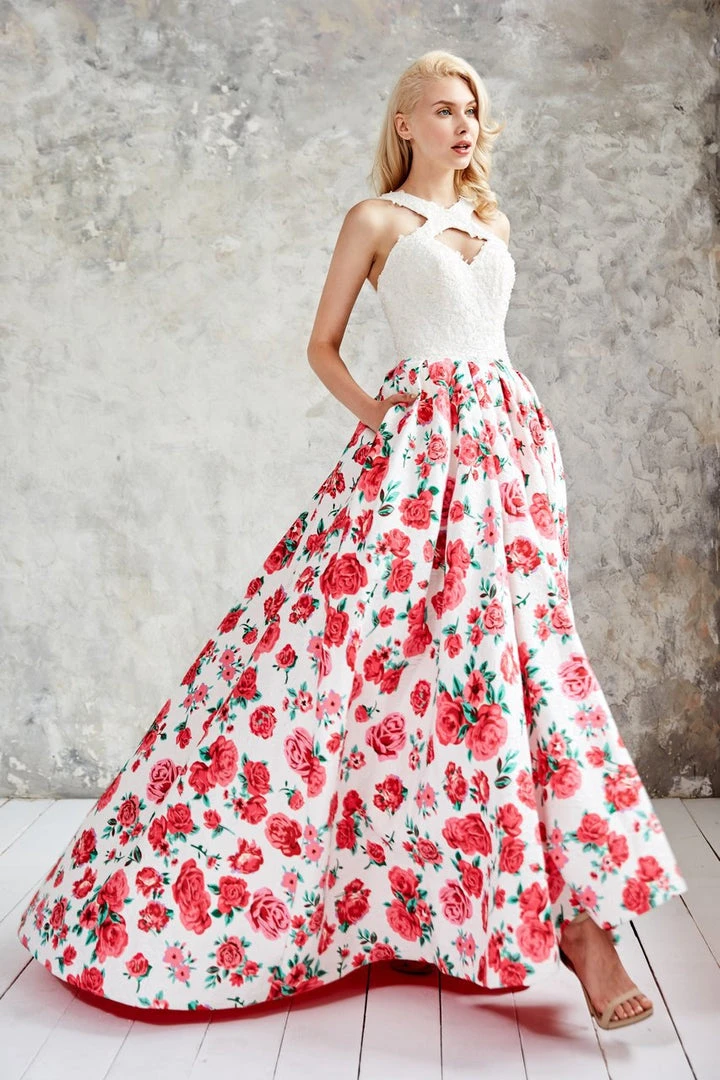 Formal Gowns Angela & Alison - 71096 Embellished Halter Floral A-line Dress 8 Formal Gowns Angela & Alison - 71096 Embellished Halter Floral A-line Dress