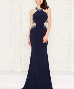 Formal Gowns Angela & Alison - 71118 Beaded Halter Long Dress With Cut Out Panels