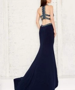 Formal Gowns Angela & Alison - 71118 Beaded Halter Long Dress With Cut Out Panels