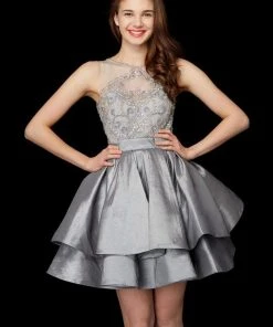 Cocktail Dresses Angela & Alison - 72013 Bejeweled Sheer Bateau A-line Dress