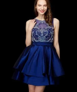 Cocktail Dresses Angela & Alison - 72013 Bejeweled Sheer Bateau A-line Dress