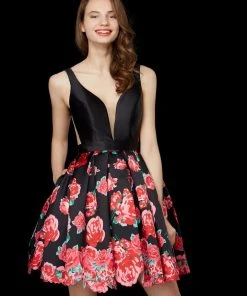 Angela & Alison - 72014 Deep V-neck Floral Dress Cocktail Dresses