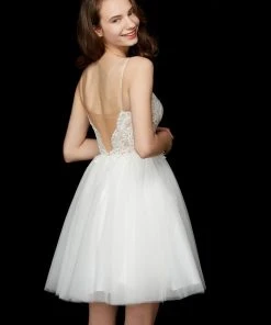 Angela & Alison - 72018 Lace Plunging V-neck Tulle A-line Dress Cocktail Dresses