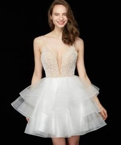 Angela & Alison - 72034 Sequined Plunging Layered Tulle Dress