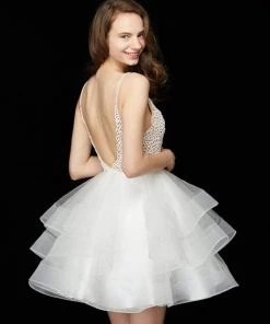 Angela & Alison - 72034 Sequined Plunging Layered Tulle Dress