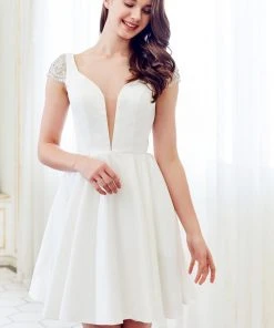 Angela & Alison - 72047 Beaded Cap Sleeves Plunging Cocktail Dress Cocktail Dresses