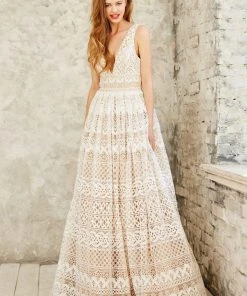 Angela & Alison - 771004 Sophisticated V-Neck Laced Ball Gown Formal Gowns