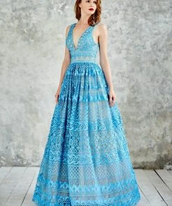 Angela & Alison - 771004 Sophisticated V-Neck Laced Ball Gown Formal Gowns