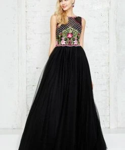 Angela & Alison - 771011 Sleeveless Bateau Floral Applique Long Gown