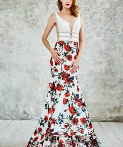 Formal Gowns Angela & Alison - 771030 Floral Print V-Neck Cutout Long Evening Gown