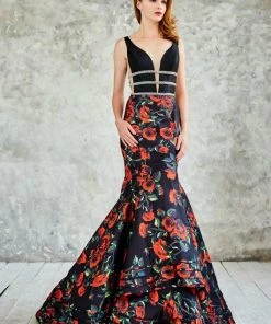 Formal Gowns Angela & Alison - 771030 Floral Print V-Neck Cutout Long Evening Gown