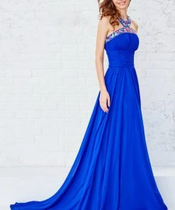 Formal Gowns Angela & Alison - 771044 Halter Style Multi-Color Floral Strap Long Gown